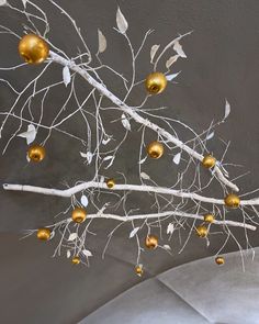 a branch with gold ornaments hanging from it's branches in front of a gray wall