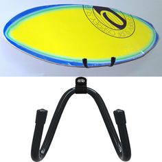 a yellow and blue frisbee with black handles on it's side, next to an image of the front end of a surfboard