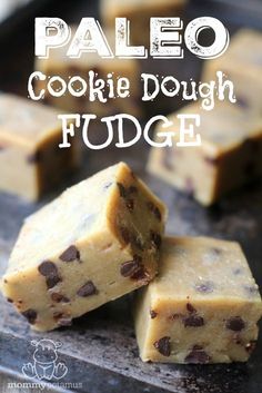 paleo cookie dough fudge is stacked on top of each other with chocolate chips