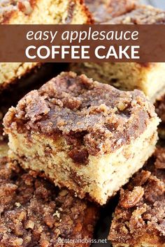 coffee cake cut into squares and stacked on top of each other with text overlay