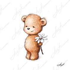 a drawing of a teddy bear holding a flower