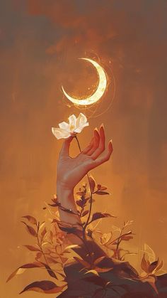 a person's hand reaching for a flower with a crescent in the sky above