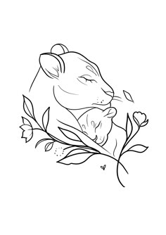 a black and white drawing of a mother mouse hugging her baby in the middle of a leafy branch