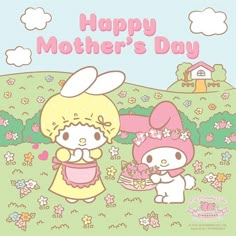 hello kitty and her bunny friend are in the field for mother's day card