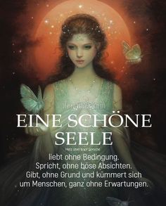 a girl in a dress with butterflies on her head and the words fine scione seile