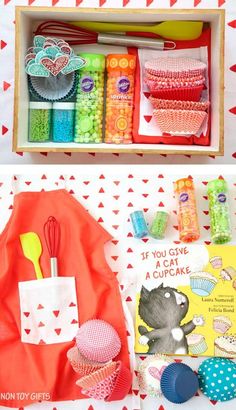 an open box filled with lots of crafting supplies on top of a red and white table