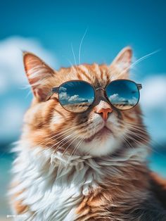 an orange and white cat wearing sunglasses with clouds in the sky behind it's eyes