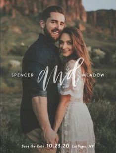 an image of a couple holding hands in front of mountains and the words, spencer and meadow