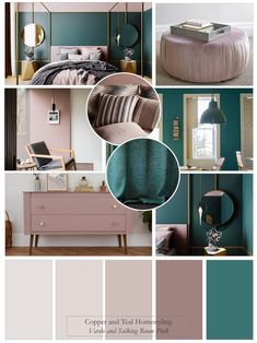 a collage of photos with different colors and furniture in it, including a bed, dresser