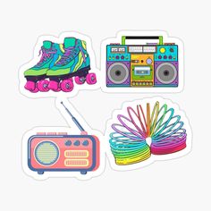 four stickers with different types of items on them, including an old fashioned radio and roller skates