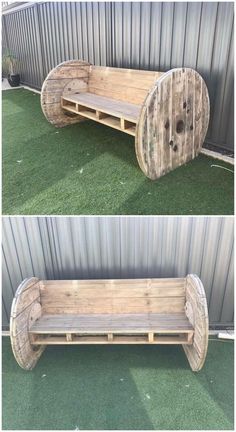 two pictures of a bench made out of wooden planks