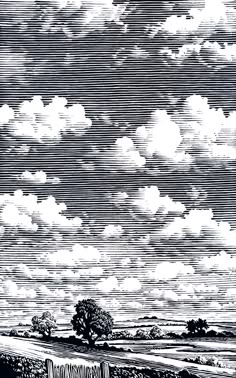 a black and white drawing of clouds in the sky above a field with trees on it