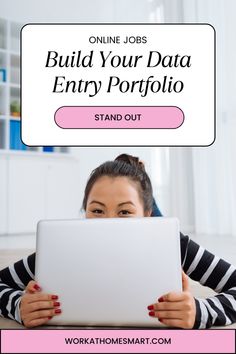 a woman looking at her laptop with the text online jobs build your data entry portfolio stand out