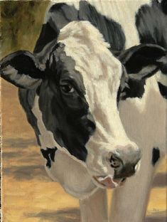 a painting of a black and white cow