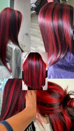 Coloring Hair Ombr Red And Bark, Red Skunk Hair, Bright Red Hair With Black Roots, Red Hair Inside Black Hair, Red Halo Hair, Halo Hair Color, Vibrant Red Hair Color Ombre, Red To Magenta Ombre Hair, Red Hair Tips