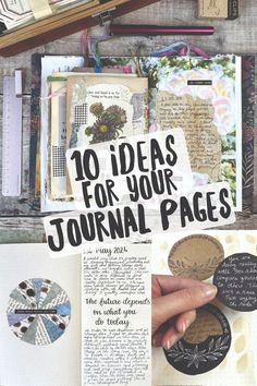 an open journal with the words 10 ideas for your journal page on it and various other items