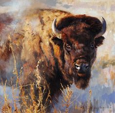 an oil painting of a bison standing in tall grass