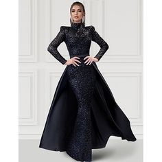 Silhouette:Sheath / Column; Hemline / Train:Floor Length; Closure:Zipper UP; Built-In Bra:Yes; Embellishment:Sequin,Glitter; Fabric:Satin; Sleeve Length:Long Sleeve; Tips:Colors may vary slightly due to different monitor settings,Professional dry cleaner only; Boning:No; Style:Black Dress,Elegant,Glittering; Occasion:Carnival,Formal; Neckline:High Neck; Front page:Evening Gown; Listing Date:11/04/2024; Features:Detachable,Convertible Gold Bridal Party, Black Dress Elegant, Dress Overlay, Gold Night, Gown Elegant, Gown For Women, Cheap Evening Dresses, Evening Dresses Online, Winter Blue