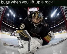 a hockey goalie sitting on the ice in front of an arena