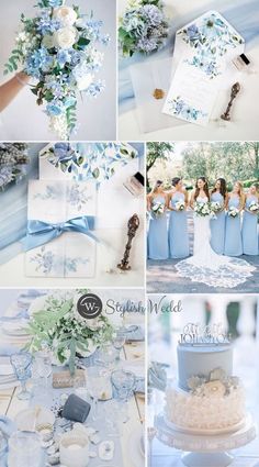 a collage of photos with blue and white wedding colors, including the bride's bouquet