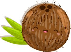 a cartoon coconut with green leaves on it's side and its face peeking out