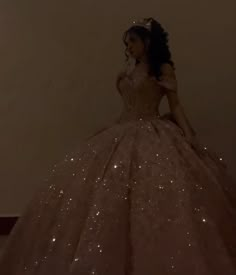 Quincera Dresses Rose Gold, Glitter Pink Quince Dress, Rose Gold Quinceanera Dresses With Bow, Shiny Quinceañera Dresses, Quince Court Outfits Pink, Quiencera Dresses Rose Gold, Pink Sparkly Quinceanera Dresses