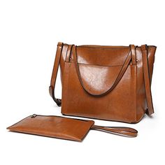 Waterproof Oil Wax PU Women Bag Casual Vintage Shoulder Bag  Handbag 2pcs (Brown)   #CarryWithYou Multifunction Bag, Portable Bag, Vintage Shoulder Bag, Casual Tote, Womens Purses, Large Bag, Bag Set, Womens Tote, Leather Tote Bag