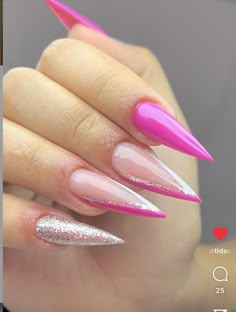 Silver And Pink Nails, Acrylic Nails Yellow, Pink Stiletto Nails, Stiletto Shaped Nails, Red Stiletto Nails, Vday Nails, Goth Nails, Acrylic Nails Coffin Short