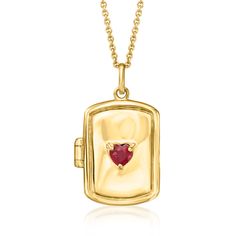 Ross-Simons - .30 Carat Ruby Heart Locket Necklace in 18kt Gold Over Sterling. What sweet secrets will you keep in our lovely locket necklace? A warm .30 carat heart-shaped ruby adorns the front, with "All you need is love" inscribed on the back. Crafted in 18kt yellow gold over sterling silver. Accommodates a 9/16" x 3/8" photo inside. Cable chain adjusts from 20" to choker length. Lobster clasp, ruby heart locket necklace. Ruby birthstones are the perfect gift for July birthdays. Ruby Heart, Ruby Birthstone, Fine Jewelery, Heart Locket Necklace, Heart Locket, Locket Necklace, Fine Jewellery Necklace, Pendant Jewelry, Locket