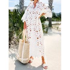 Season:Summer; Fabric:Lace; Sleeve Length:3/4 Length Sleeve; Look After Me:Machine wash; Gender:Women's; Style:Streetwear; Elasticity:Inelastic; Occasion:Vacation,Holiday,Beach; Fit Type:Loose Fit; Dresses Type:Summer Dress,Plain Dress,Lace Dress,White Dress,Casual Dress,Sundress; Design:Eyelet; Neckline:V Neck; Listing Date:05/23/2024; Bust:; Length:; Fit US Size:; Fit UK Size:; Fit EU Size:; Dress Length Type:Midi Dress; Print Type:non-printing White Dress Midi, Cheap White Dress, Vino Color, White Dresses Online, Midi Dress Lace, Beach Streetwear, Lace Dress Casual, Beach Fit, Casual White Dress