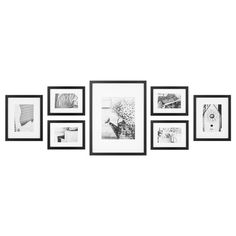 a black and white photo hanging on the wall with many pictures in it's frames