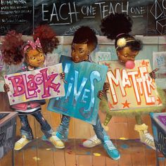 three children holding signs that read each one teach on the same page and two girls are standing in front of a chalkboard