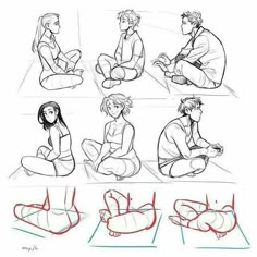 some drawings of people sitting on the ground with their hands in front of them, and one