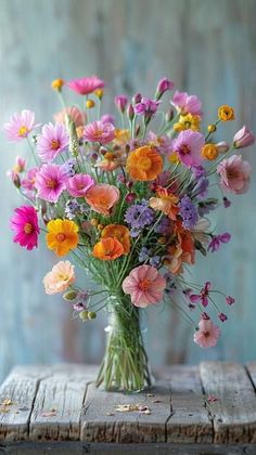 a vase filled with lots of colorful flowers on top of a wooden table next to a wall