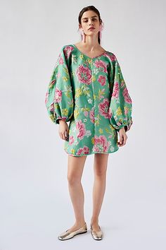 So fun in a femme floral design, this funky mini dress features super exaggerated sleeves and stunning embroidery for a true timeless touch. **Fit:** Oversized fit; we recommend sizing down **Features:** Wide scoop neckline, super exaggerated sleeves, effortless, pull-on style **Why We | Arianne Elmy Good Luck Dress at Free People in Green, Size: M Uga Gameday Outfit, Super Mini Dress, Simple Sandals, Exaggerated Sleeves, Shift Dresses, Green Fits, Leather Mini Dress, Bustier Dress, Gameday Outfit