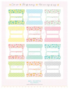 an assortment of pastel colored chairs with polka dots and flowers on the sides, all in different colors