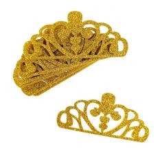 Adorable flat back glitter crown cutouts. Great for royal themed and princess events, weddings and more. These beautiful crowns with glitter will stand out and make a great addition to your decorations and projects. Great decoration that is easy to modify and glue onto fabrics and more for DIY creations! Perfect to make all feel like royalty! Includes 10 pieces per pack. Length: 3" Width: 1.5" Color: Gold. Gold Kids Tiara, Princess Crown Stand, Quincenera Invitations, Crown Cutout, Beautiful Crowns, Sofia The First Party, Glitter Crown, Tiara Crown, Foam Crafts