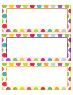 three colorful polka dot name tags