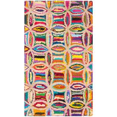 a multicolored rug with circles on the front and back, in various colors