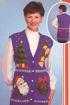 a woman wearing a christmas sweater vest with santa clause on the front and other holiday decorations on the back