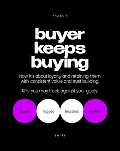 a black and white poster with purple circles on it that says, buyer keeps buying now it's about today and remaining them with constant value and trust building