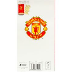 the back of a white envelope with a red and yellow manchester united logo on it