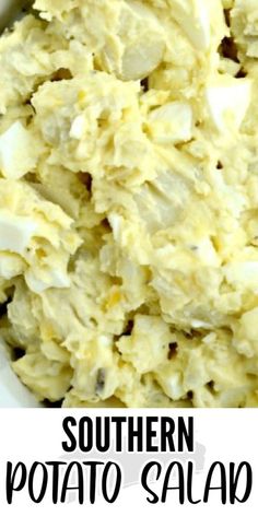 a bowl full of potato salad with the words southern potato salad on top and bottom