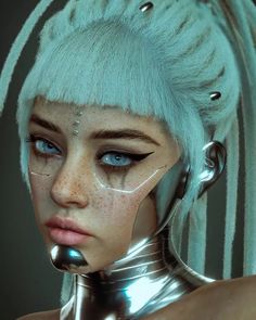 Futuristic Makeup Aesthetic, Sci Fi Makeup Ideas, Sci Fi Makeup Looks, Futuristic Makeup Sci Fi, Alien Girl Aesthetic, Cyberpunk Eyes, Cyberpunk Fashion Futuristic, Scifi Makeup