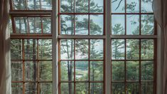 two windows with the view of trees and water through them, are shown in this image