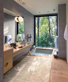 a bathroom with a large window and a jacuzzi tub in the middle of it