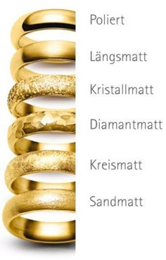 four different types of gold rings with names on them, all labeled in the same language