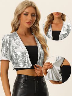 Shop Allegra K for sequin puff short sleeve open front halloween party crop cardigan you are looking for, get more women's jackets for yourelf. Order now! Free Returns! Crop Design, Sequin Cardigan, Crop Cardigan, Women's Jackets, Faux Leather Pants, Cropped Cardigan, Halloween Women, Front Open, Order Now