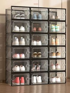 an organized shoe rack in a room