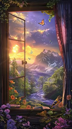 an open window looking out onto a beautiful mountain landscape with flowers and birds flying in the sky